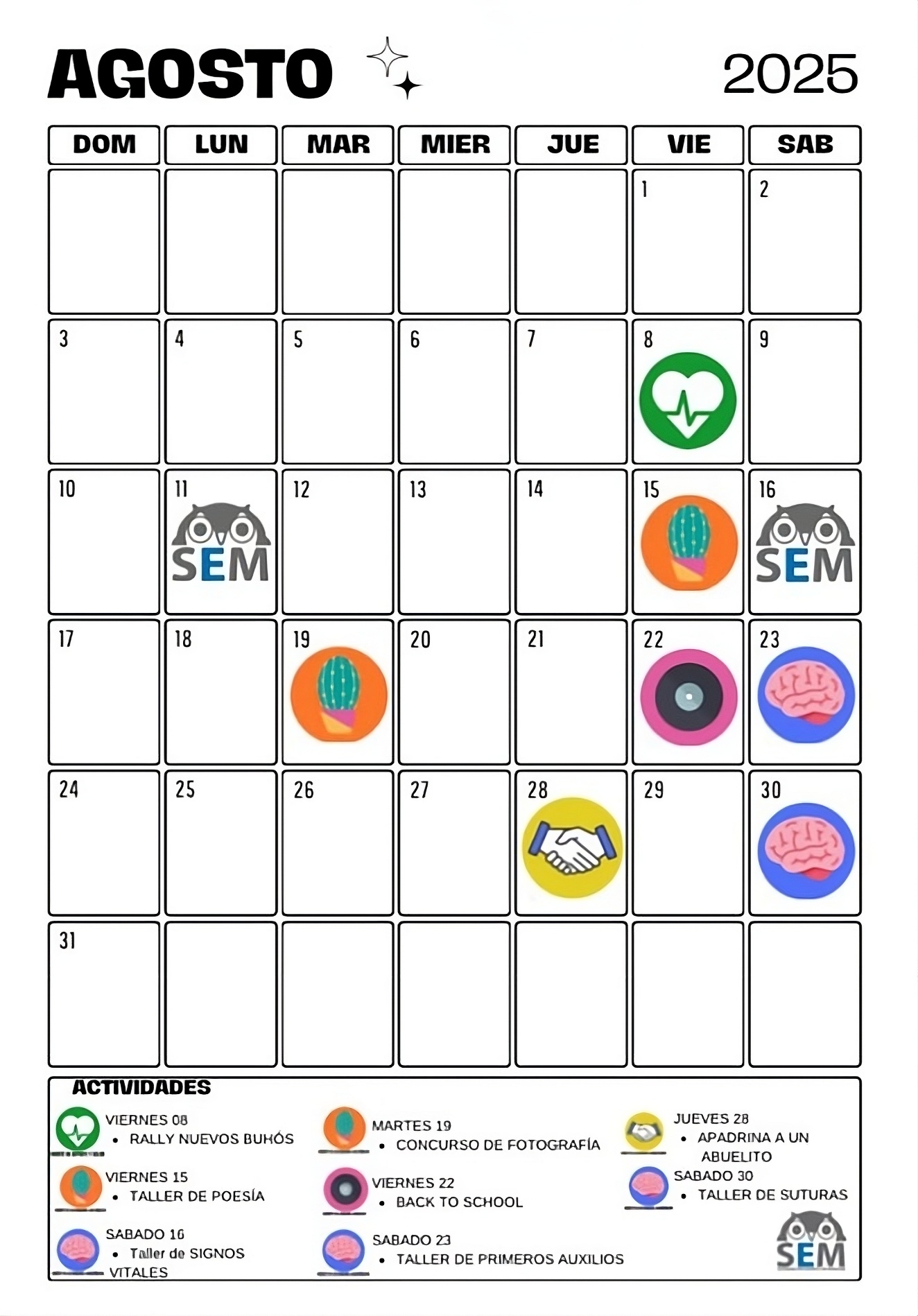 calendario de actividades | Agosto